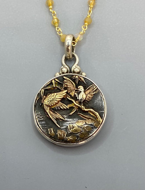 Victorian Picture Metal Birds Button w/ Quartz Facet Stone Rosary