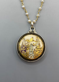 Satsuma Hand Painted Porcelain Button Set in Sterling Silver With Pearl Rosary Accent