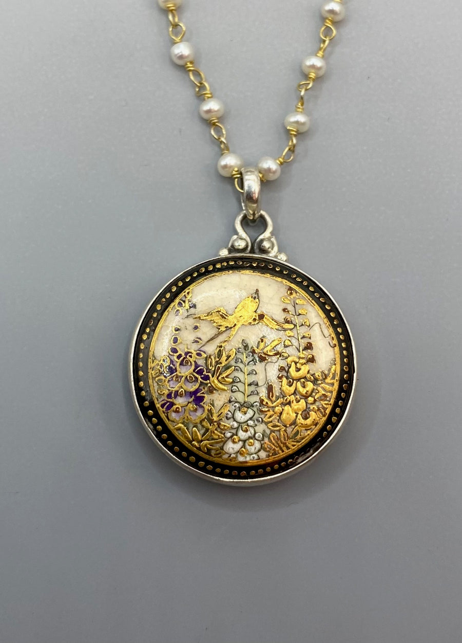 Satsuma Hand Painted Porcelain Button Set in Sterling Silver With Pearl Rosary Accent