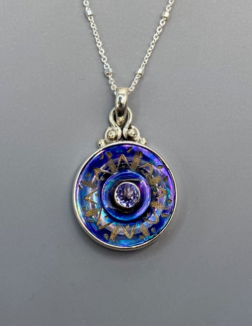 Victorian Carved Shell Pearl Button Set in Sterling Silver With Satellite Sterling Chain