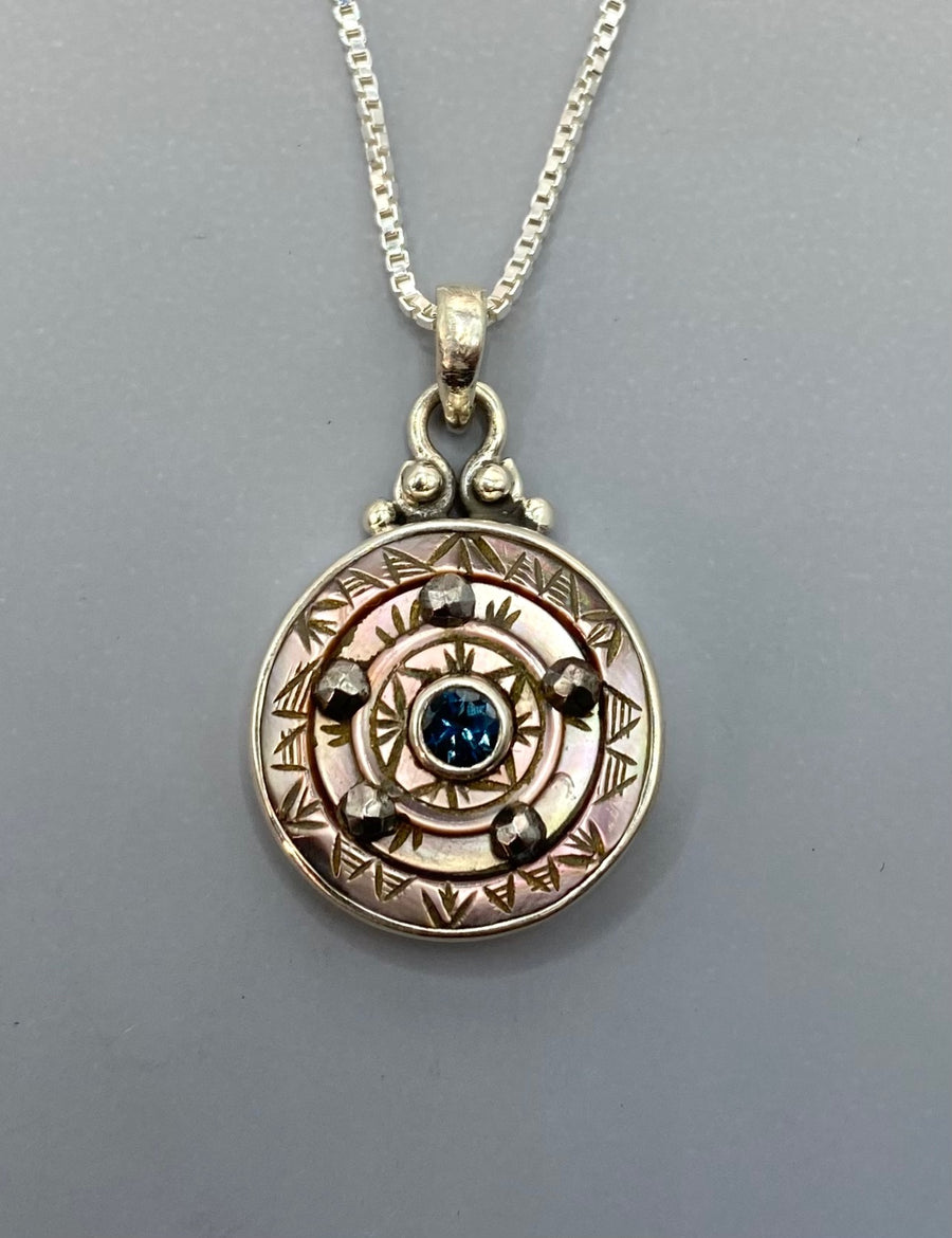 Victorian Carved Shell Pearl Button w/ Steel Facet Design Set in Sterling Silver With Satellite Sterling Chain