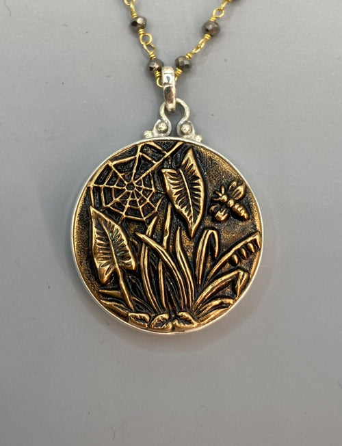 Victorian Picture Metal Bee Spider Web Image set in Sterling Silver w/ Facet Garnet Rosary