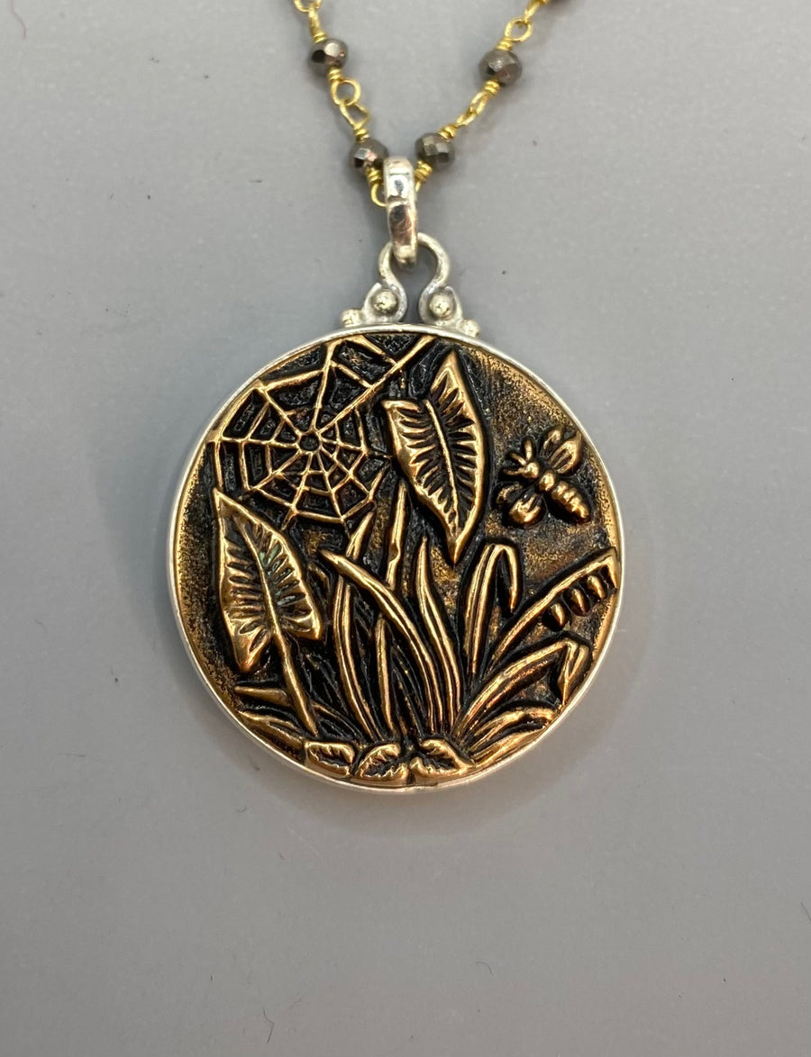 Victorian Picture Metal Bee Spider Web Image set in Sterling Silver w/ Facet Garnet Rosary