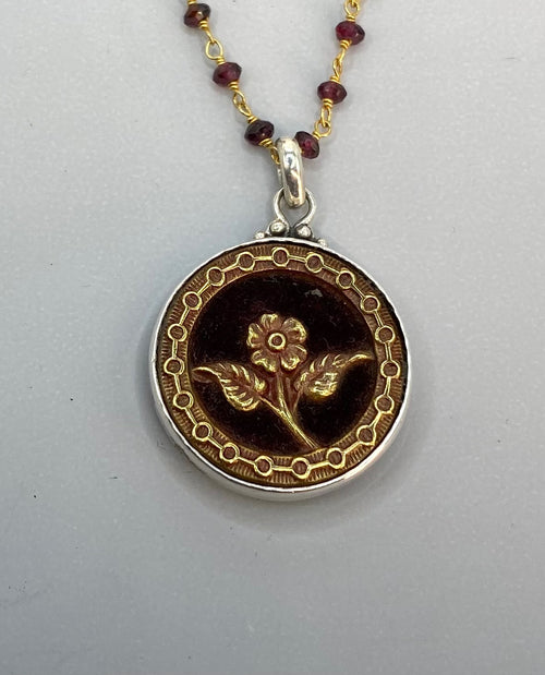Victorian Velvet Perfume Button set in Sterling Silver w/ Facet Garnet Rosary