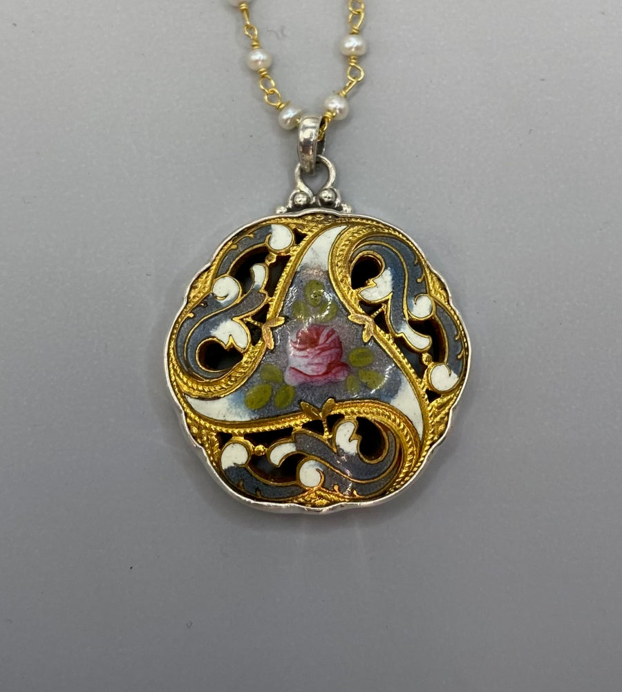 Victorian Hand Painted Enamel Button Set in Sterling Silver With Pearl Rosary Chain