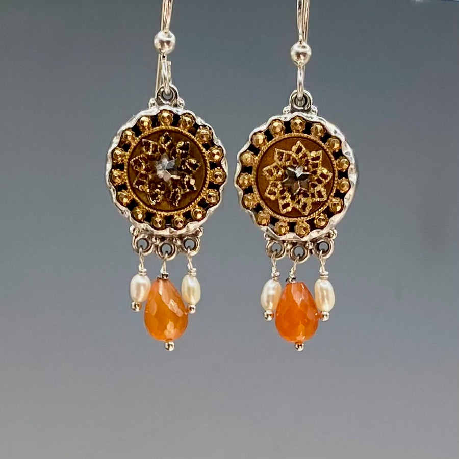 Victorian Metal With Steel Facet Rim Button Set in Sterling Silver with Carnelian and Pearl Accent