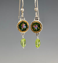 Victorian Hand Painted Enamel Button set in Sterling Silver Earring w/ Peridot Accent