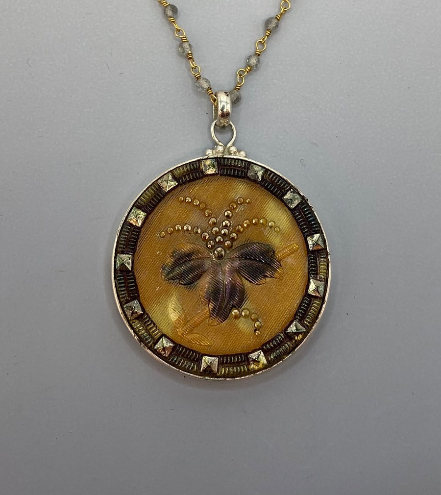 Victorian Large Lacy Czech Glass Button Set in Sterling Silver With Facet Labradorite Chain