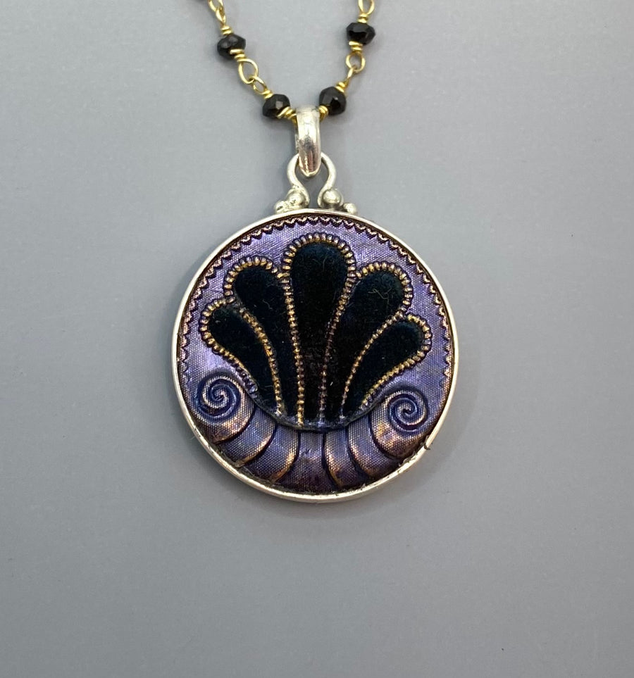 Victorian Velvet Perfume Metal Button Shell design set in Sterling Silver w/ Black Spinnel Rosary