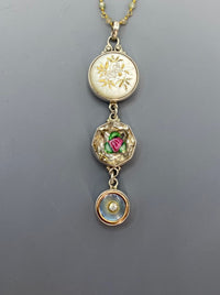 Victorian Button Ornate metal, Carved Shell & Czech Glass Button Pendant w/ Labradorite facet Stone Rosary