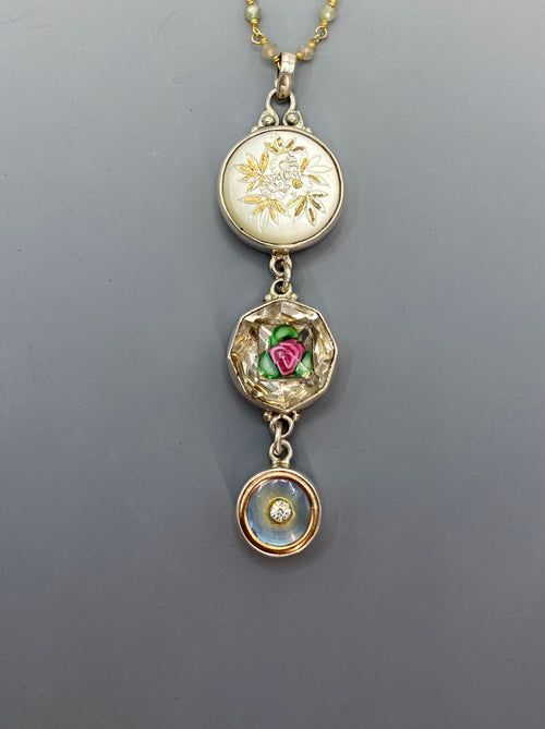 Victorian Button Ornate metal, Carved Shell & Czech Glass Button Pendant w/ Labradorite facet Stone Rosary