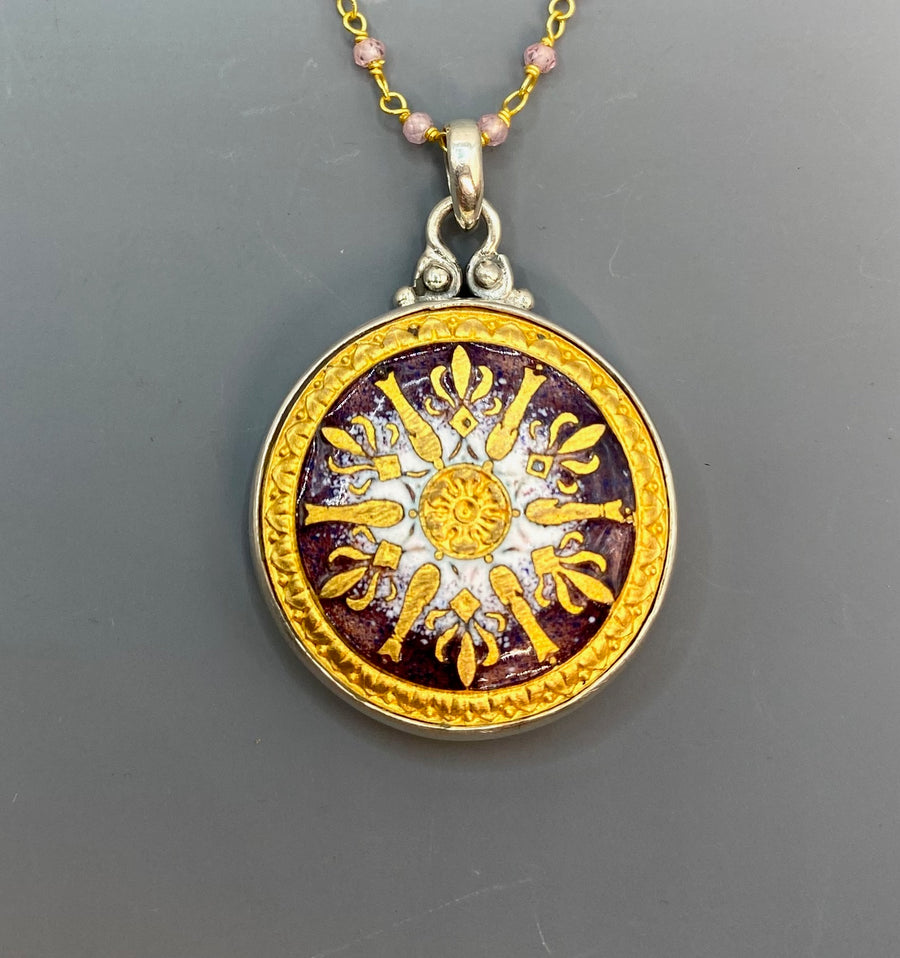 Victorian Hand Painted Enamel Button Set in Sterling Silver With Facet Pink Quartz