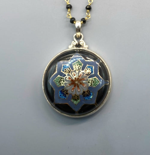 Victorian Large Czech Glass in Metal DUG Button Set in Sterling Silver With Facet Black Spinnel Rosary