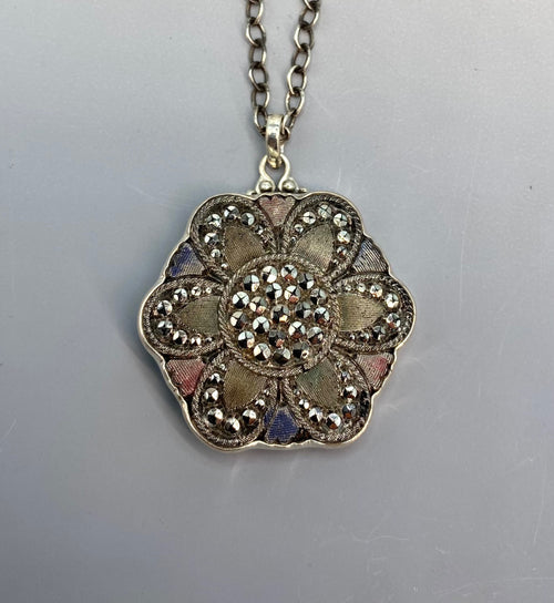 Victorian Large Luster Glass Button Set in Sterling Silver With Sterling Silver Chain