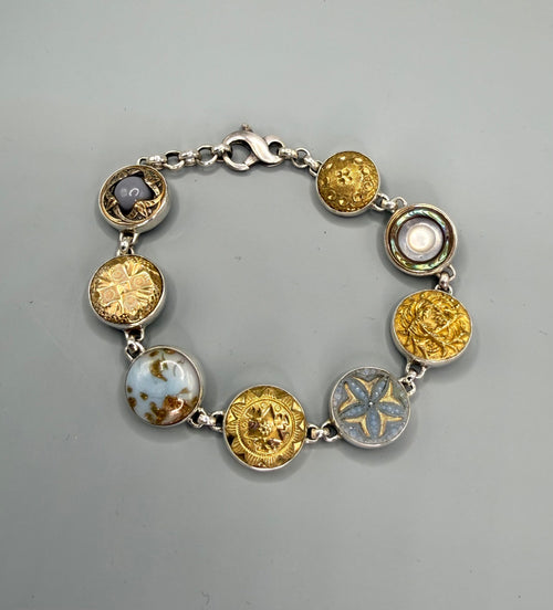 Victorian Ornate Brass, Glass In Metal, Leo Popper Buttons set in Sterling Silver Bracelet 8"