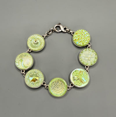 Vintage Green Luster Glass Buttons set in Sterling Silver Bracelet 8"