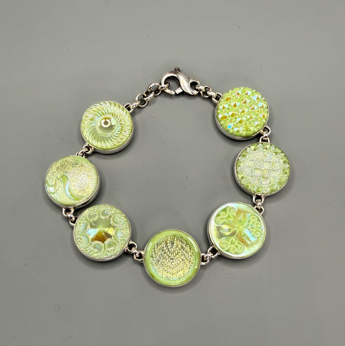 Vintage Green Luster Glass Buttons set in Sterling Silver Bracelet 8"