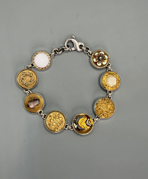 Victorian Ornate Glass In Metal & Ornate Metal Buttons set in Sterling Silver Bracelet 7-3/4"