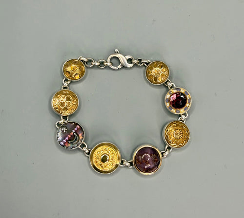 Victorian Ornate Glass In Metal, Tinted carved shell, Ornate Metal Buttons set in Sterling Silver Bracelet 7-3/4"
