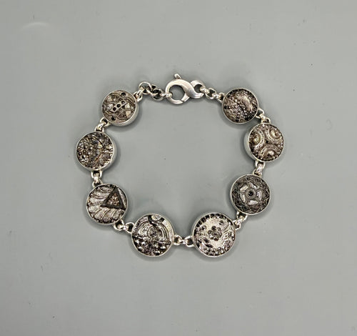 Victorian Ornate Silver Luster Czech Glass Buttons set in Sterling Silver Bracelet 7-1/2"