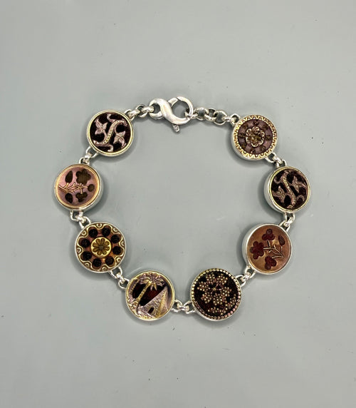 Victorian Burgundy Velvet Perfume Buttons set in Sterling Silver Bracelet 8-1/2