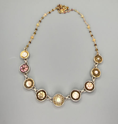 Victorian Tinted Carved Shell w/ Steel Center 9 Button set in Sterling Silver Necklace 18-20"