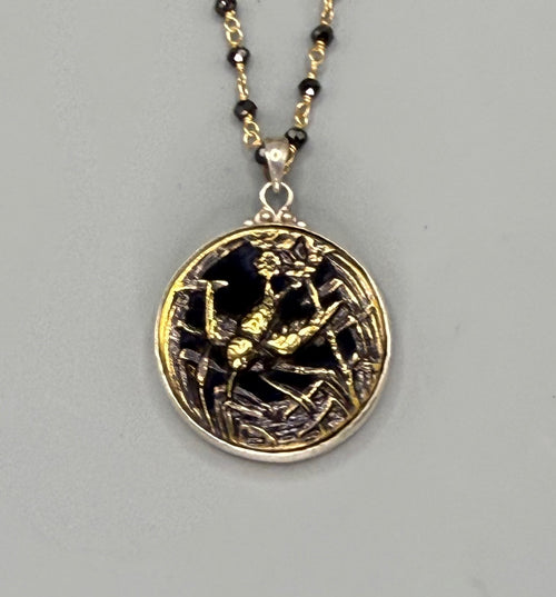 Victorian Velvet Perfume Button Bird Design set in Sterling Silver Accented With Black Spinel & Gold 24" Necklace