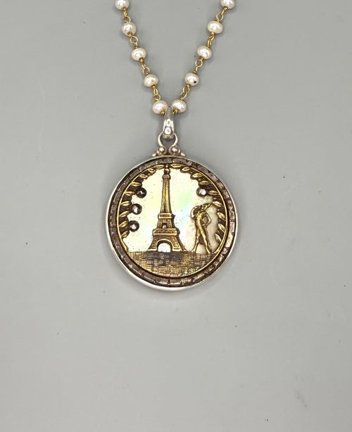 Victorian Eiffel Tower with Shell Back Button set in Sterling Silver With Pearl & Gold 22" Necklace