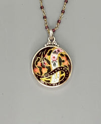 Victorian Hand Painted Enamel Necklace set in Sterling Silver w/ 19" Facet Garnet & Gold Rosary Accent