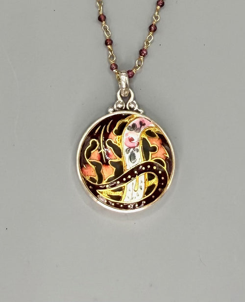 Victorian Hand Painted Enamel Necklace set in Sterling Silver w/ 19" Facet Garnet & Gold Rosary Accent