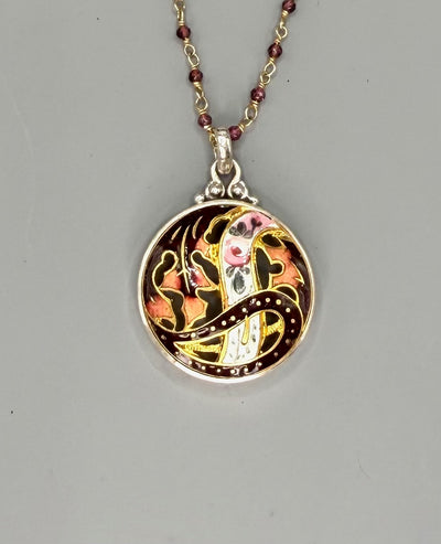Victorian Hand Painted Enamel Necklace set in Sterling Silver w/ 19" Facet Garnet & Gold Rosary Accent