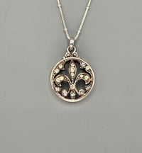 Victorian Fleur Du Lys Rhinestone and White Metal Button set in Sterling Silver w/ 18" Satellite Sterling Chain Accent