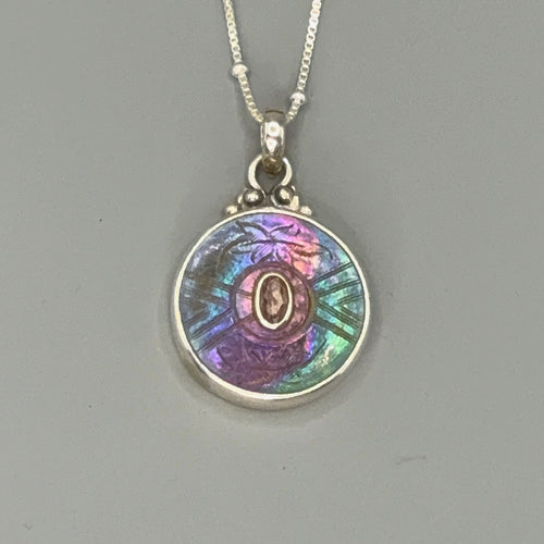 Victorian Tinted Carved Shell w/ Tourmaline Center set in Sterling Silver With Satellite Sterling Necklace
