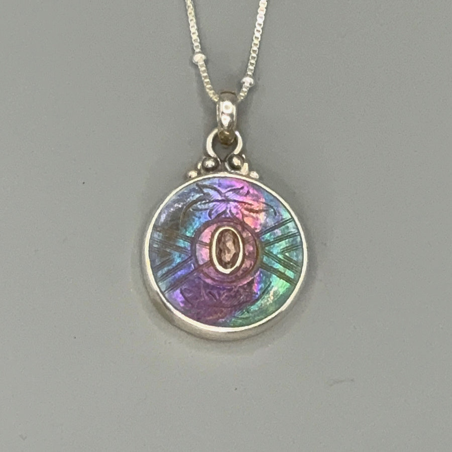 Victorian Tinted Carved Shell w/ Tourmaline Center set in Sterling Silver With Satellite Sterling Necklace