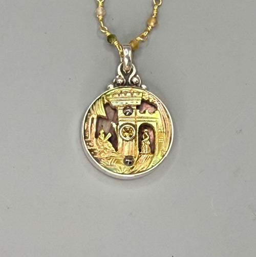 Victorian Tinted Carved Shell Castle w/ Tourmaline Center set in Sterling Silver With Facet Tourmaline & Gold 18" Necklace