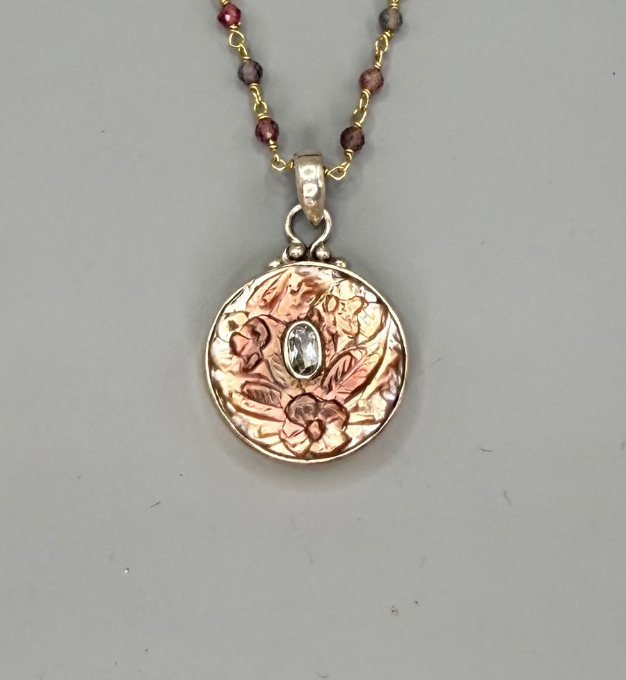 Victorian Carved Shell Aquamarine Center set in Sterling Silver Accented With Facet Saphire & Gold 18" Necklace
