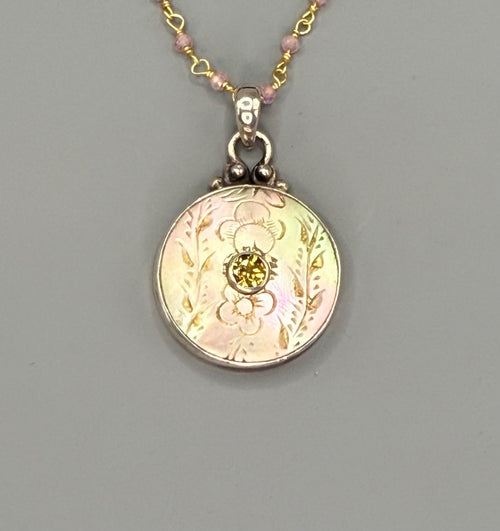Victorian Tinted Carved Shell w/ Tourmaline Center set in Sterling Silver With Facet Pink Quartz & Gold 18" Necklace