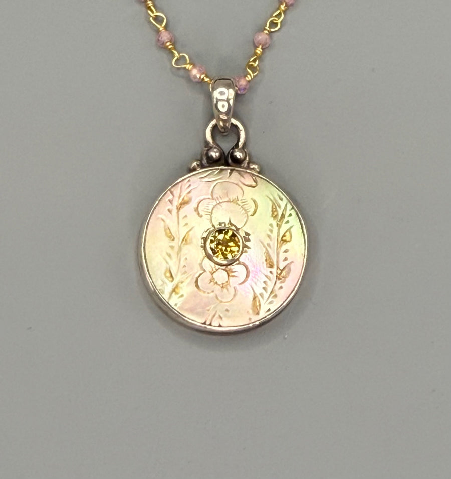 Victorian Tinted Carved Shell w/ Tourmaline Center set in Sterling Silver With Facet Pink Quartz & Gold 18" Necklace