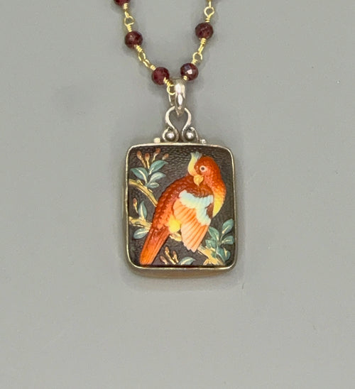 Arita Toshikane Bird Necklace set in Sterling Silver w/ 19" Facet Garnet & Gold Rosary Accent