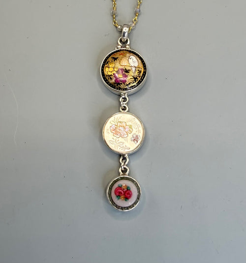 Victorian 3 Button Drop Necklace set in Sterling Silver w/ Labradorite facet stone Necklace Accent