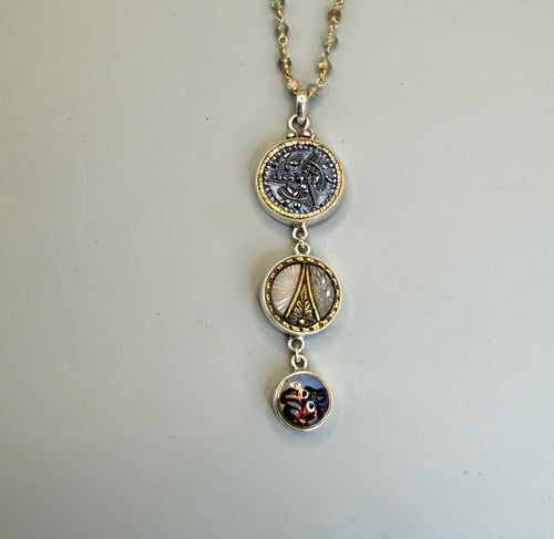 Victorian 3 Button Drop Necklace set in Sterling Silver w/ Labradorite facet stone Necklace Accent