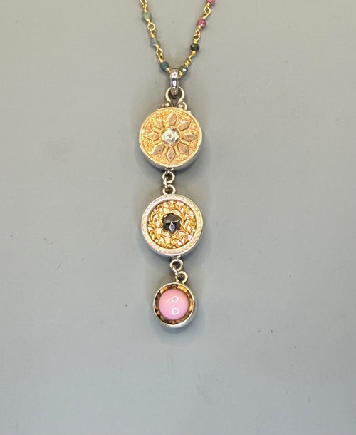 Victorian 3 Button Drop Necklace set in Sterling Silver w/Tourmaline facet stone Necklace Accent