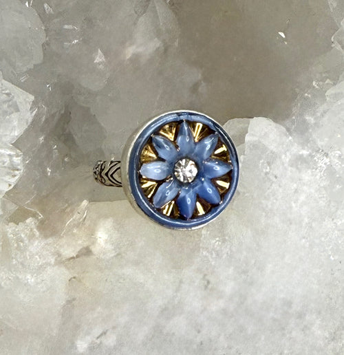 Vintage Glass Button with Gold Accent and Rhinestone Center set in Sterling Silver ring Size 7