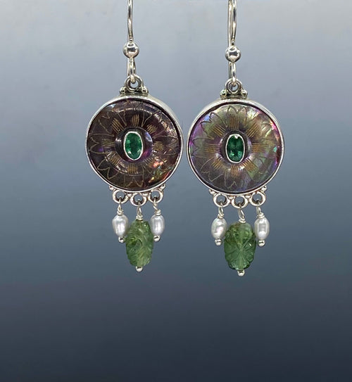 Victorian Carved Shell Button W/ Emerald Center set in Sterling Silver Earring w/ Tourmaline & Pearl accent