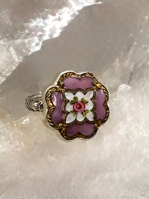 Antique Victorian Hand Painted Enamel Button set in Sterling Silver Ring Size 6-1/2
