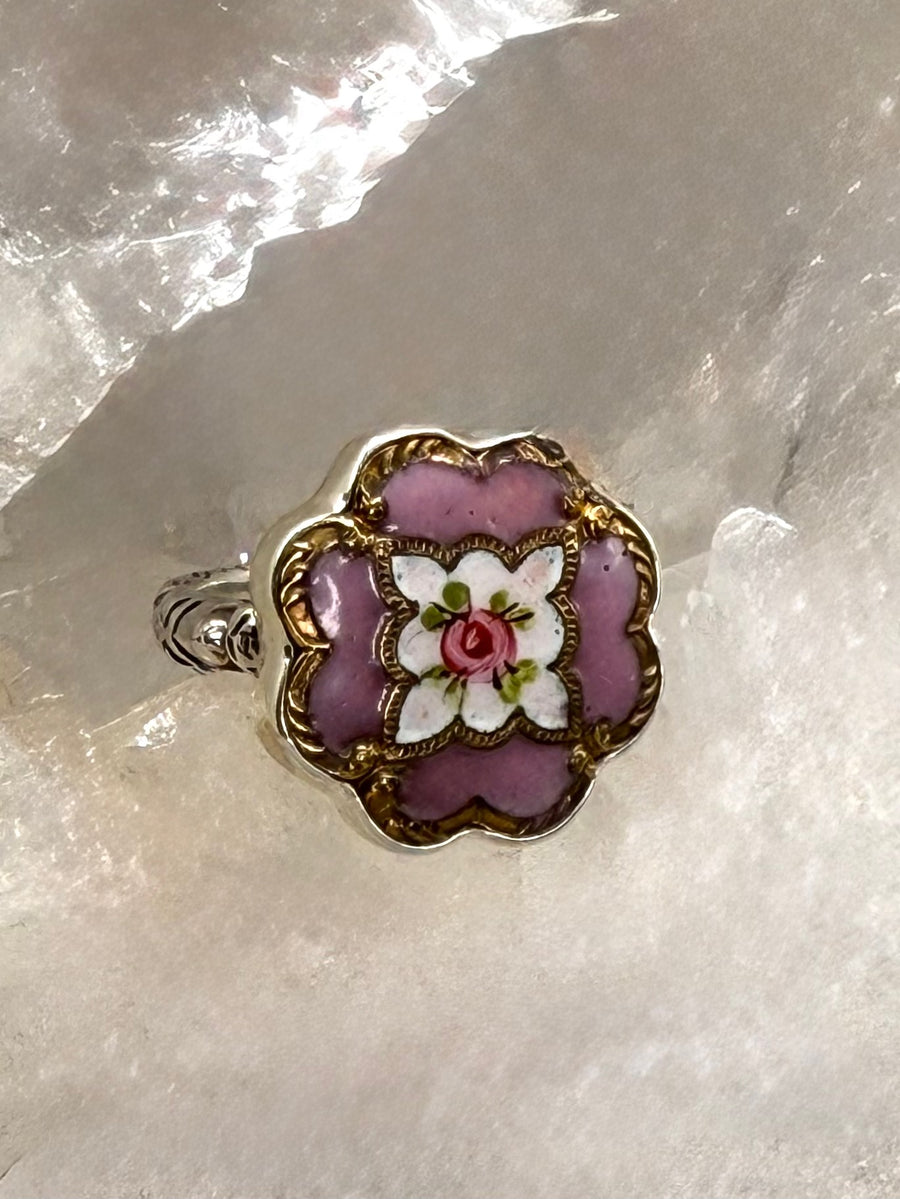 Antique Victorian Hand Painted Enamel Button set in Sterling Silver Ring Size 6-1/2