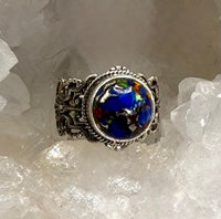 Antique Leo Popper Glass Button set in Filigree Sterling Silver Ring Size 7-1/4