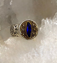 Victorian Blue Facet set in Brass set in Sterling Silver Ring Size 7 -1/2