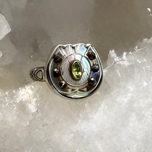 Victorian Carved Shell Horseshoe Button w/ Steel Facet Accent Tourmaline Center Set in Sterling Silver Ring Size 8-1/4