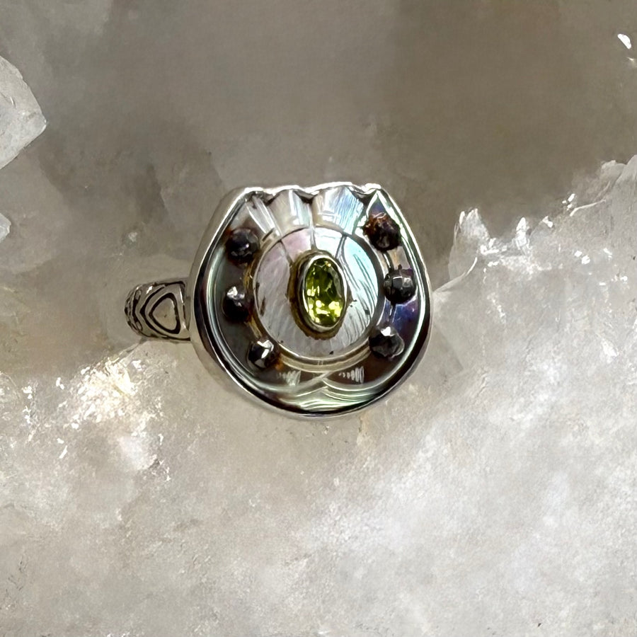 Victorian Carved Shell Horseshoe Button w/ Steel Facet Accent Tourmaline Center Set in Sterling Silver Ring Size 8-1/4
